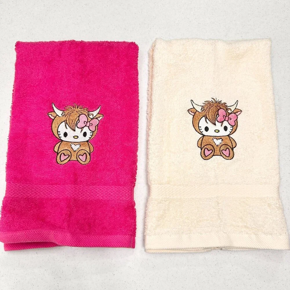 Hello Kitty Highland Cow Towels Embroidered Hand Towel Set Pink Beige Bathroom